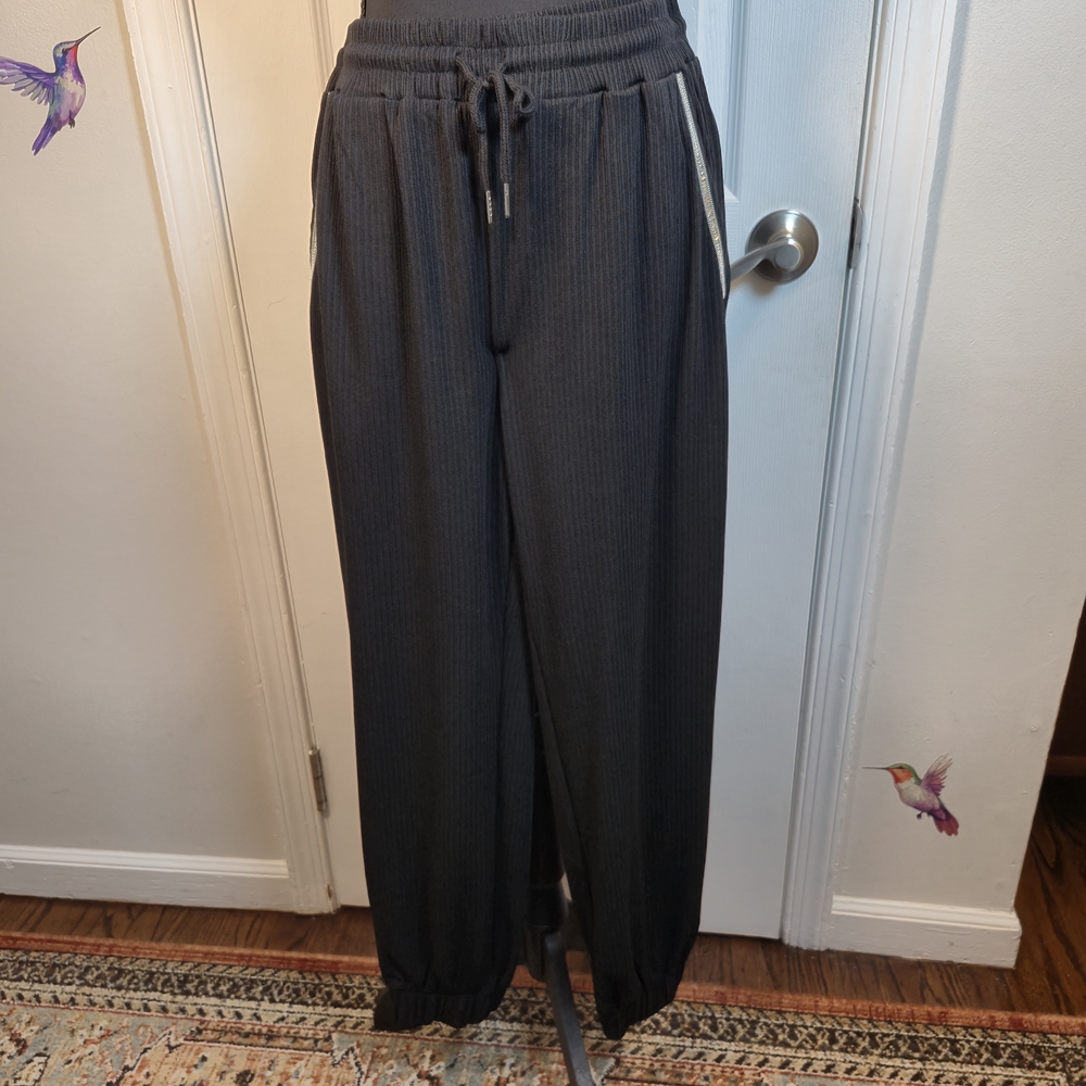 On Twelfth Rhinestone Trim Ribbed Joggers Black Medium